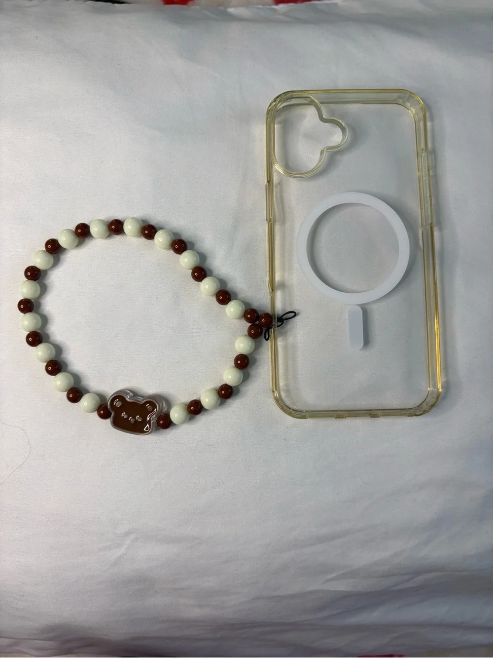 Cream and Brown Beaded Phone Strap with Bear Accent and the iPhone case too
